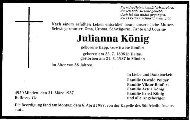Kapp Julianna 1898-1987 Todesanzeige